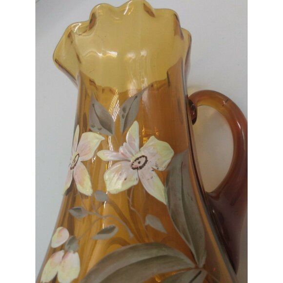 Antique Hand Blown Hand Painted Floral Amber Glass Ruffled Pitcher 1890-1900 - Picture 8 of 9